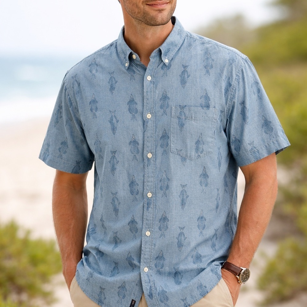 ✨Columbia Men's Casual Blue Fish Pattern Shirt